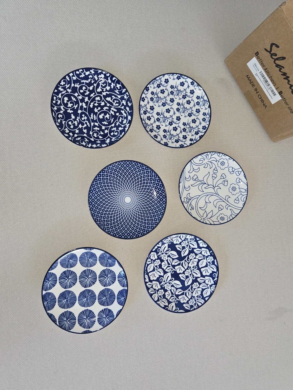 Selamica Ceramic 6 Inch Dessert Plates Vintage Blue Set BRAND NEW IN BOX